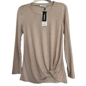 Yidarton Woman's Comfy Front Twist Knot Long Sleeve Fall Taupe T Shirt #Y